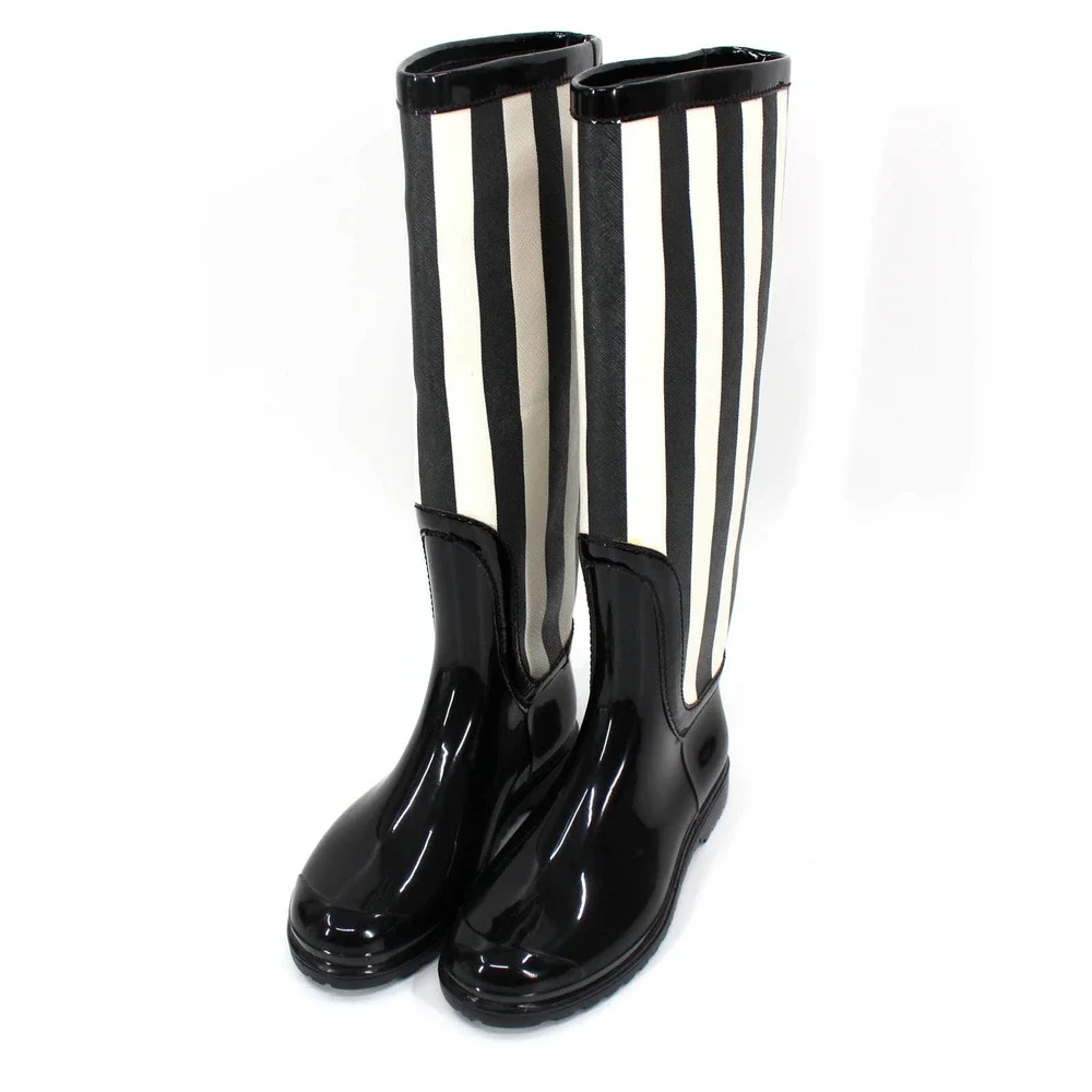 Dolce & Gabbana Wellington Knee High Black White Striped Rain Boots 37 D&G Shoes